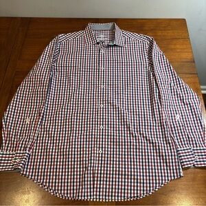 Bugatchi Shirt Mens 17 34/35 Blue Plaid Button Up Long Sleeve Classic Fit